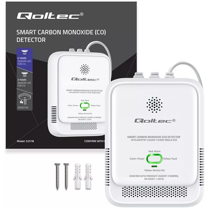 CO detektors QOLTEC 52576 — oglekļa monoksīda sensors, 85 dB trauksme