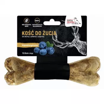 Košļājamais kauls suņiem SYTA MICHA Brieža āda un Oga 13,5 cm — zobu tīrīšanas našķis ar brieža gaļas garšu, bez lipekļa un konservantiem