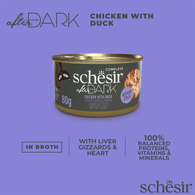 Slapjš kaķu barības buljons Schesir after Dark Complete Brühe 80 g – vistas, bezgraudu, bez lipekļa un sojas