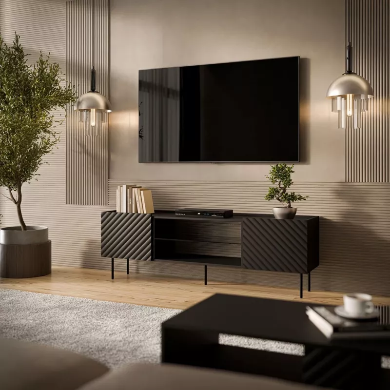 TV skapis LUCCA 180x40x59 cm melns, skaidu plātnes virsma, melns rāmis