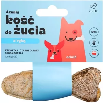 AZANKI Bone ar garnelēm un melnajām olīvām mencas ādā zivs formā – suņu kārums – 12 cm