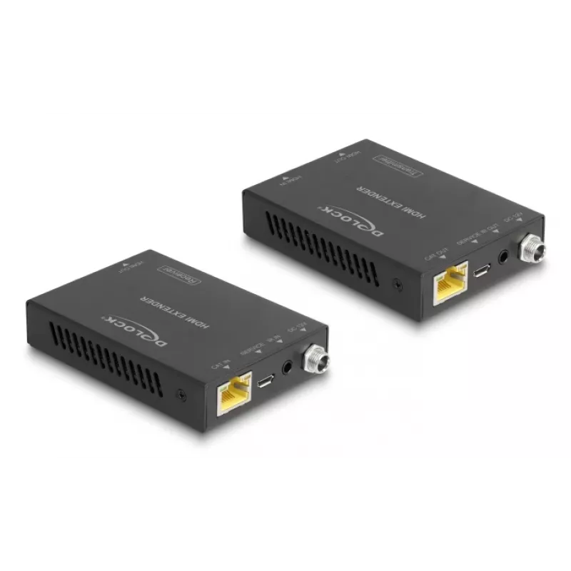 HDMI pagarinātājs DELOCK 65955 — raidītājs un uztvērējs, Cat6/Cat6a, līdz 3840×2160, vadu, Micro-USB B barošana