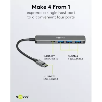Goobay Slim 4-Port USB-Hub USB-C uz USB-A 5 Gbit/s - USB 3.2 ligzda (79158)