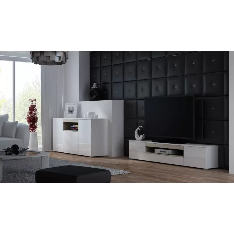 Sideboard Cama Meble VIVA 150 — balts/matēts balts un sonoma ozols, 3 durvis, 5 plaukti, 1500×450×800 mm