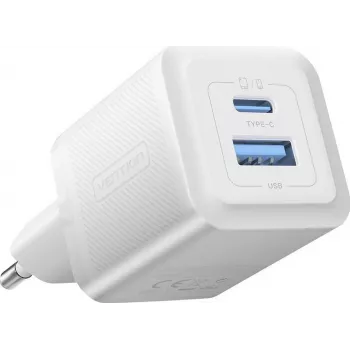 Vention 30W lādētājs ar GaN tehnoloģiju, 1x USB-A, 1x USB-C (balts)