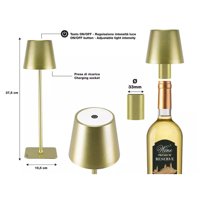 Beper P201UTP116 akumulatora LED galda lampa, 1,5 W, pieskārienu slēdzis, regulējama spilgtuma, 33 mm pudeles adapteris, ūdensnoturīga, zelta