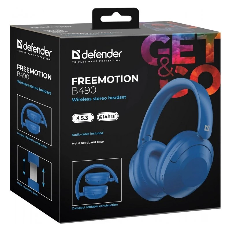 Bezvadu austiņas Defender Fre Emotion B490 — zilas, uz auss, Bluetooth, iebūvēts mikrofons