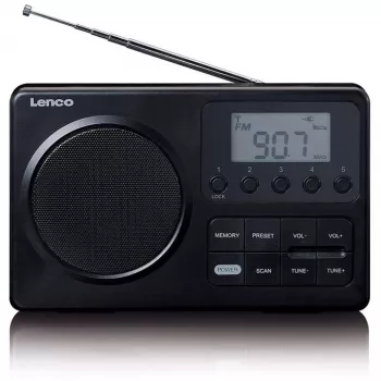 Pārnēsājamais radio Lenco MPR-035BK — FM/AM, tīkla un bateriju darbība, 2.5 collu LCD, 20 FM iepriekš iestatītas stacijas, 3.5 mm izeja