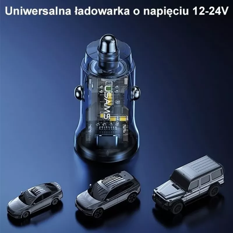 usams CC164CC01 30W auto lādētājs ar 1×USB-A un 1×USB-C ātrai uzlādei