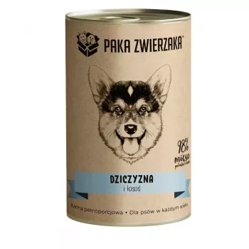 Slapjā suņu barība PAKA ZWIERZAKA Medījums un Lasis 400 g — konservēta barība pieaugušiem suņiem, brieža gaļa un lasis, olbaltumvielas 10.4%, tauki 6.9%, mitrums 76%