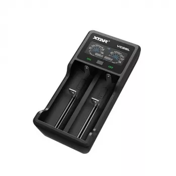 Bateriju lādētājs XTAR VC2SL — USB 5V 1A, LCD, lādē 2 baterijas, saderīgs Li‑Ion/NiMH/NiCd, izmēri A/AA/AAA/AAAA/C/D/SC, melns