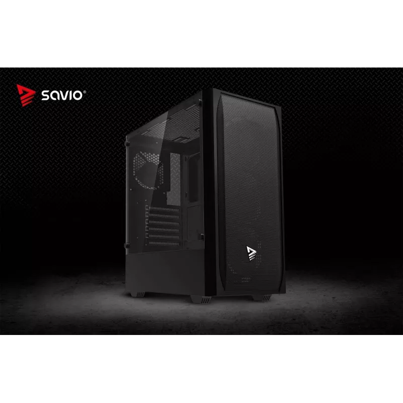 PC korpuss SAVIO Noctis Flow — Cube Mini-ITX/Micro-ATX/ATX, 3x120mm priekšā, 1x120mm aizmugurē, 2x3.5 collu + 3x2.5 collu sloti, rūdīts stikls