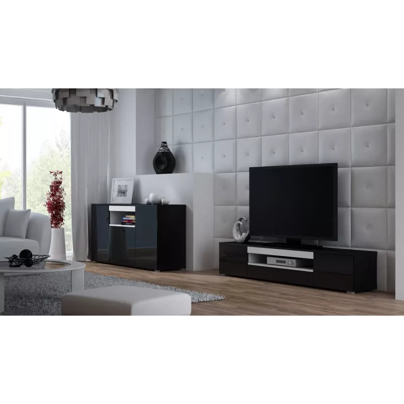 TV statīvs cama meble VIVA 180 — 1800×400×370 mm, melna skaidu plātne, melns rāmis, balti akcenti