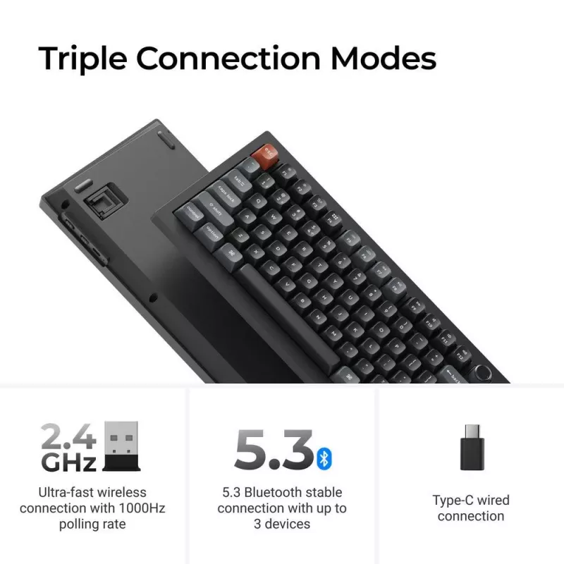 Mehāniskā tastatūra Keychron V3 Ultra 8K — vads & Bluetooth, QWERTY izkārtojums, RGB LED, melna