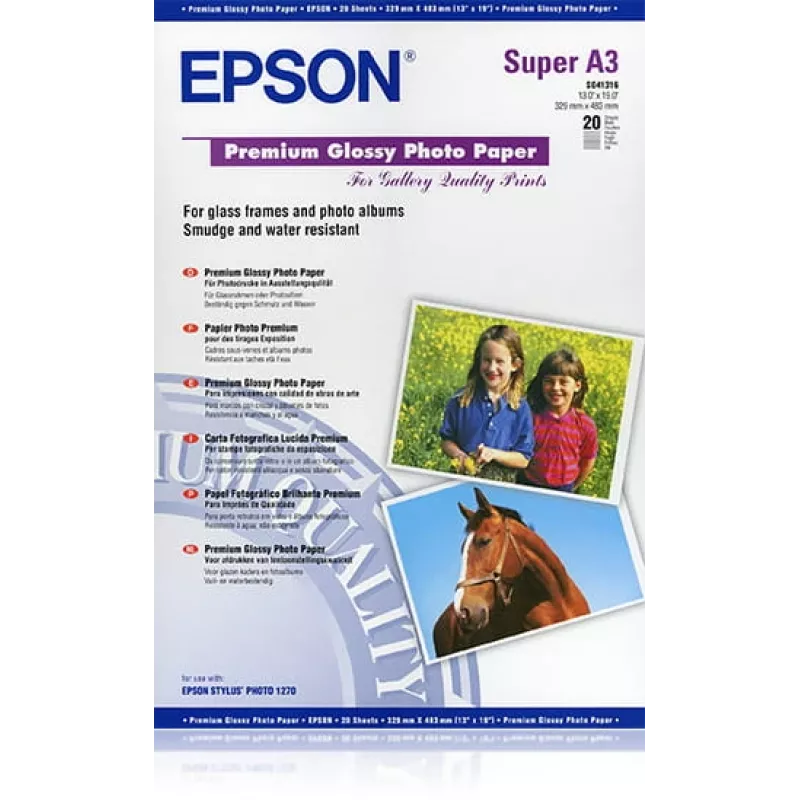 Epson Premium Glossy Photo Paper, A3+, 250g/m², 20 loksnes
