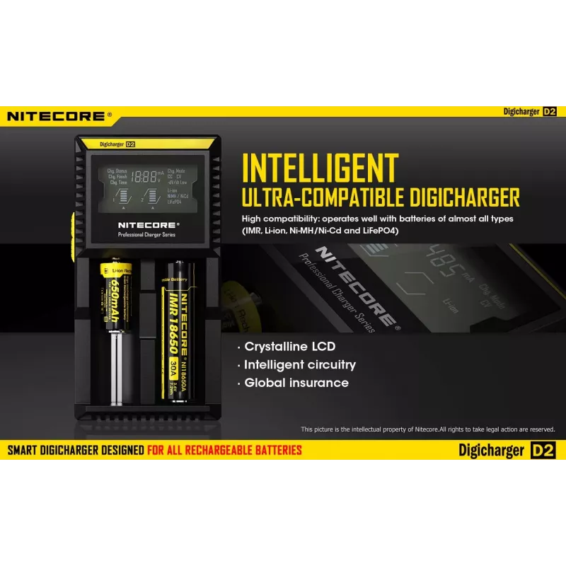 Akumulatoru lādētājs Nitecore D2 — 2 slotu lādētājs AA/AAA/AAAA/C baterijām, 100–240V ieeja, 4.2V izeja, melns
