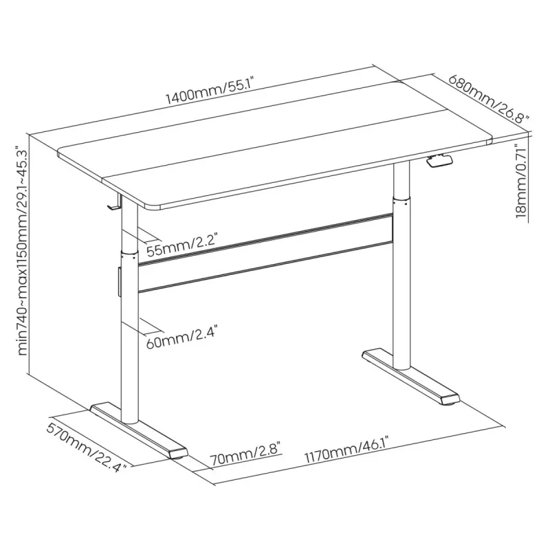 Ergo Office rakstāmgalds ar regulējamu augstumu, 140x68 cm, melns