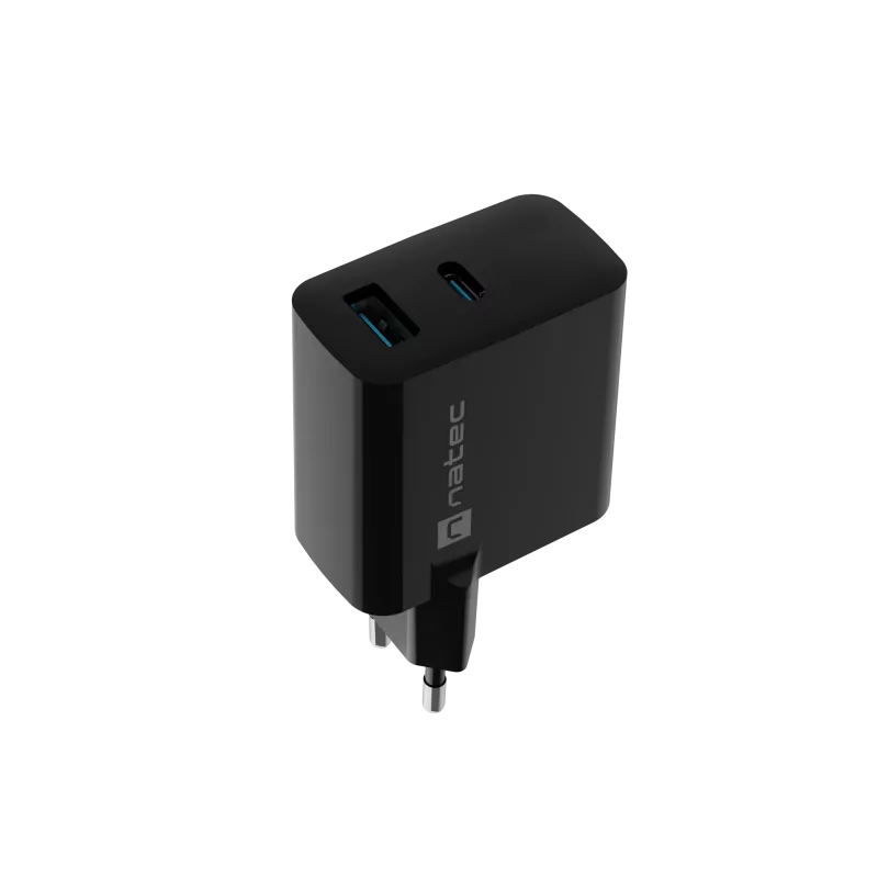 Vadu mobilās ierīces lādētājs NATEC NUC-2145, 65W, USB-C PD 3.0 + QC 3.0, 1x USB-C, 1x USB-A, 110–240V, Melns