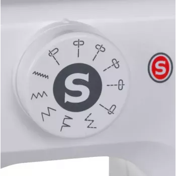 Daļēji automātiskā šujmašīna SINGER M1005 — 11 šuvi, 4 mm dūriena platums, augšējā iebīdāmā spole, brīvā roka, 2,5 kg