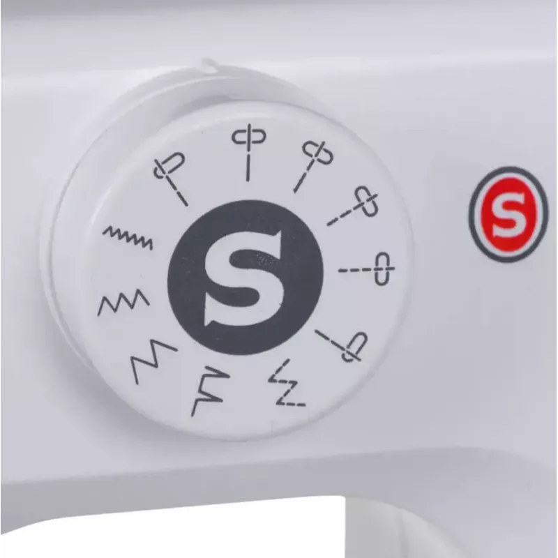 Daļēji automātiskā šujmašīna SINGER M1005 — 11 šuvi, 4 mm dūriena platums, augšējā iebīdāmā spole, brīvā roka, 2,5 kg