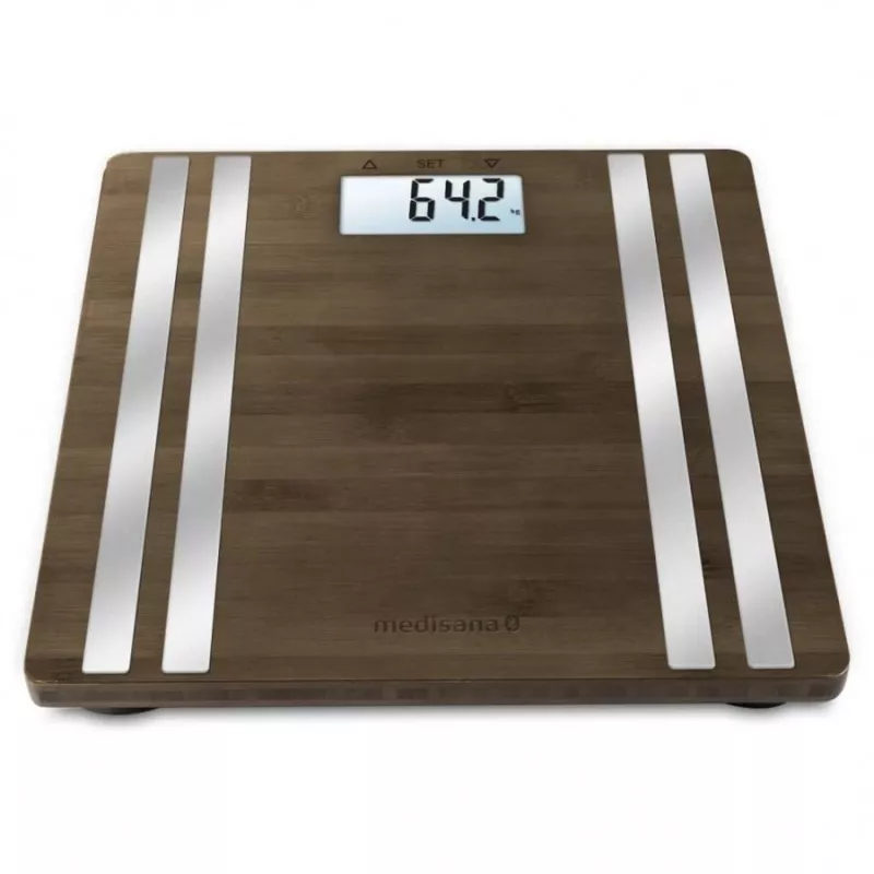 Medisana BS 552 elektroniskie personīgie svari — sudraba bambusa virsma, maks. 180 kg, 100 g precizitāte, Bluetooth, ĶMI, ķermeņa sastāvs