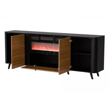 Kumode Cama Meble Volare 200 x 39 x 75 cm, melns/valrieksts, skaidu plate, ar kamīnu