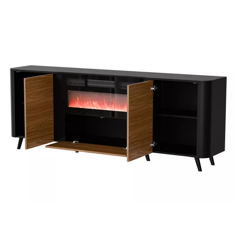 Kumode Cama Meble Volare 200 x 39 x 75 cm, melns/valrieksts, skaidu plate, ar kamīnu