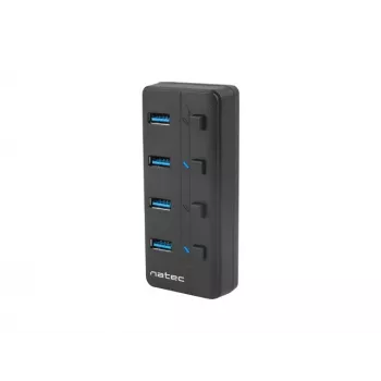 USB centrmezgls NATEC MANTIS USB 2.0 Type-B — 4x USB 3.2 Gen 1 Type-A porti, melns, 0,8 m kabelis, tīkla adapteris, barošanas slēdzis