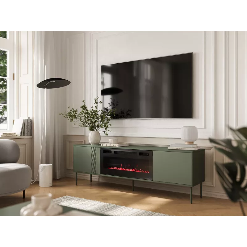 Cama Meble TV skapis ar kamīnu TRESSE 180x40x54,5 cm — matēti zaļa virsma, skaidu plātne