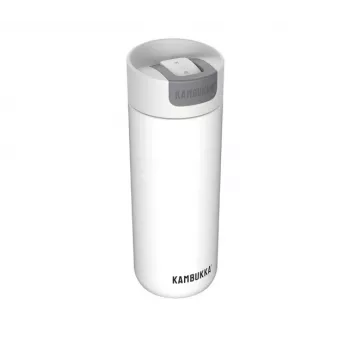 Termokrūze Kambukka Olympus 500 ml — 18/10 nerūsējošais tērauds, vakuumizolācija, šļakatu necaurlaidīga, neslīdoša pamatne, balta