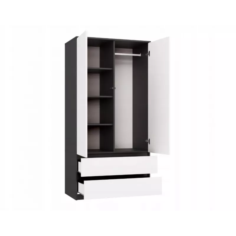Drēbju skapis MALWA SS-90, 90×180×50 cm, antracīts rāmis, baltas veramas durvis, 2 atvilktnes, laminēta skaidu plate 16 mm