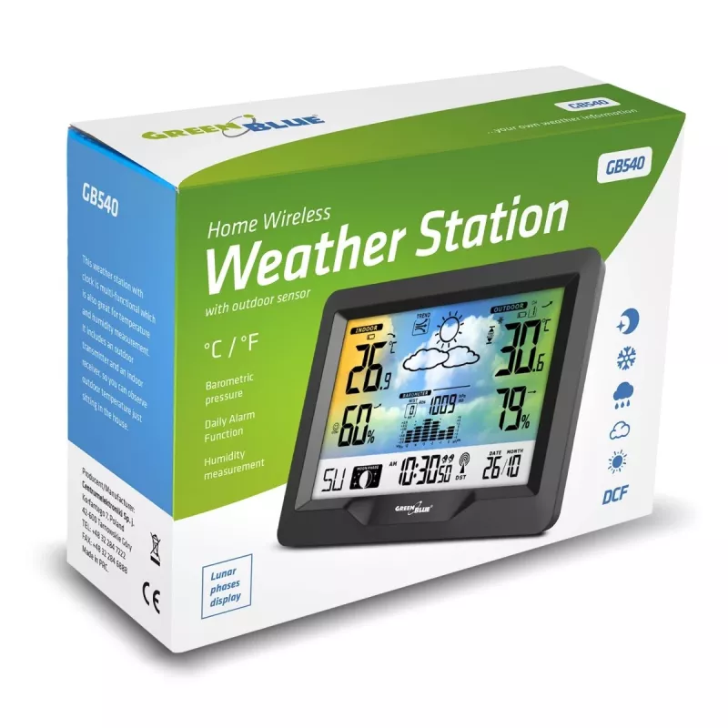Hidrometra termometrs GreenBlue GB540 — iekštelpu 0–50°C / āra -20–65°C, DCF pulkstenis, āra sensors 60 m, melns