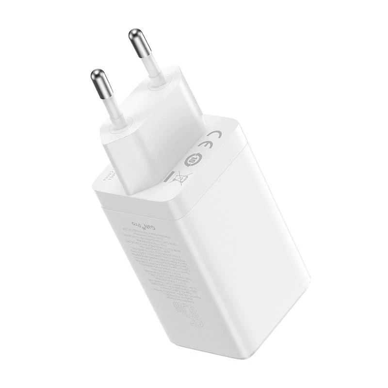 Sienas lādētājs Baseus GaN5 Pro 65W — USB + 2×USB-C (QC3.0, PD3.0) ar 1m USB-C kabeli, balts