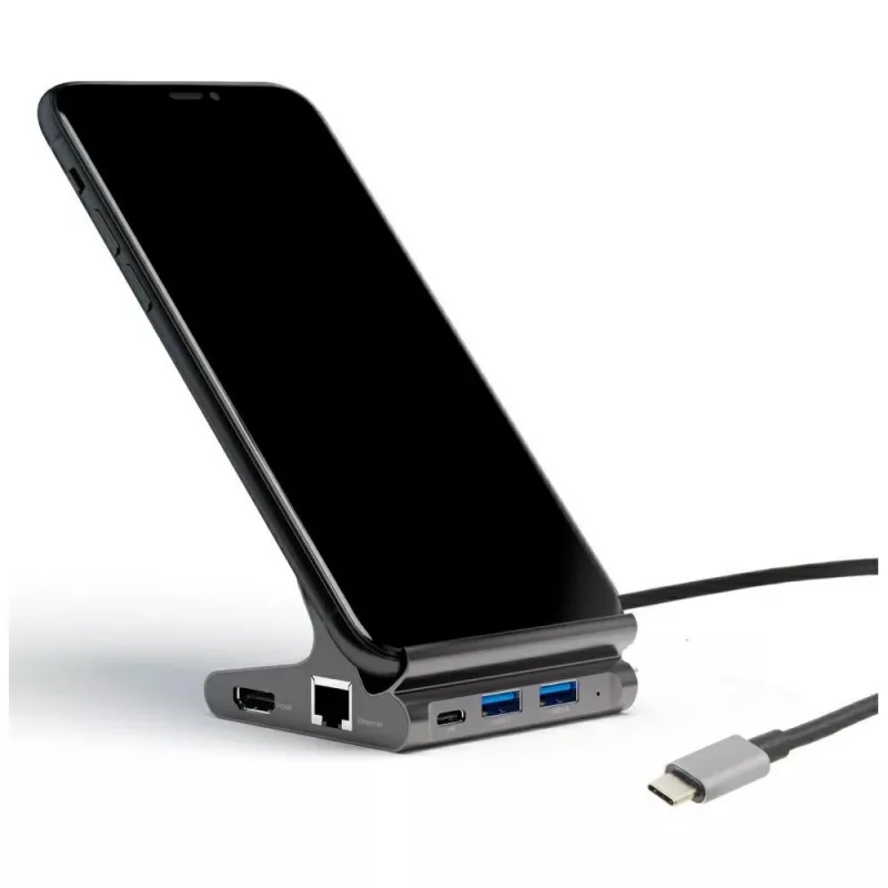 4smarts 7in1 centrmezgls ar statīvu planšetei un tālrunim, DeX režīms, HDMI, RJ45, pelēkā krāsā