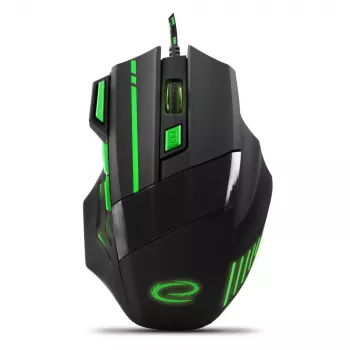 Vadu spēļu pele ESPERANZA EGM201G — labā roka, optiskā 2400 DPI, 7 pogas, USB Type-A, 1.5 m kabelis, melna/zaļa