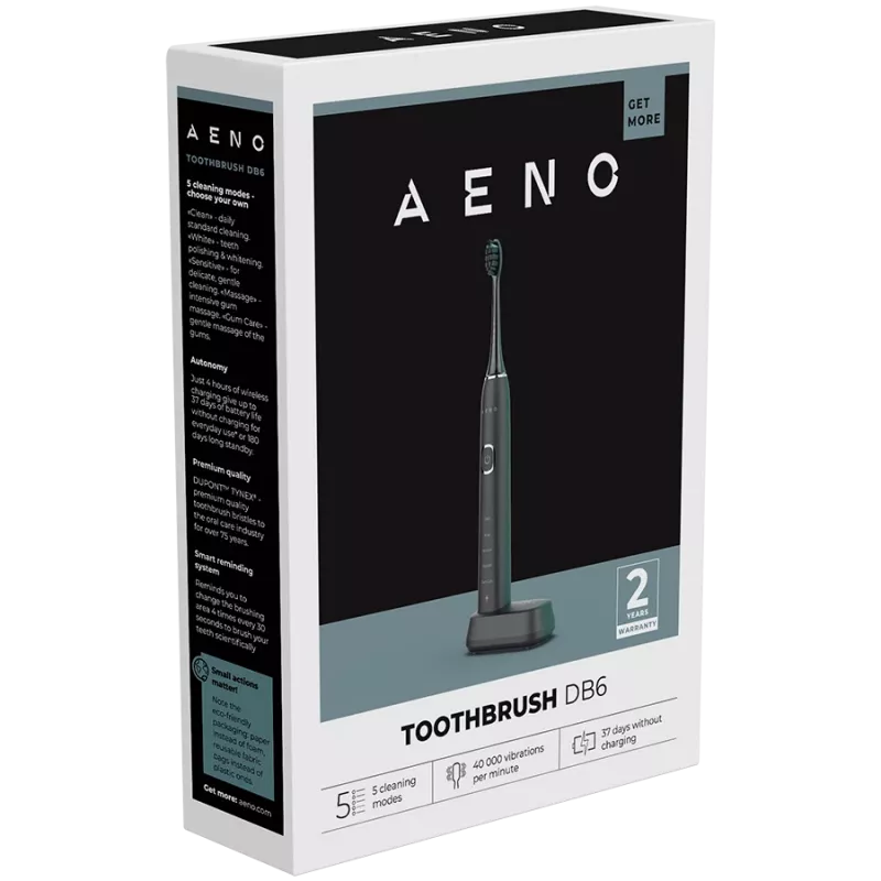 AENO Sonic Electric Toothbrush DB6 Melna: 5 režīmi, bezvadu uzlāde, 46000 apgr./min, 40 dienas bez uzlādes, IPX7