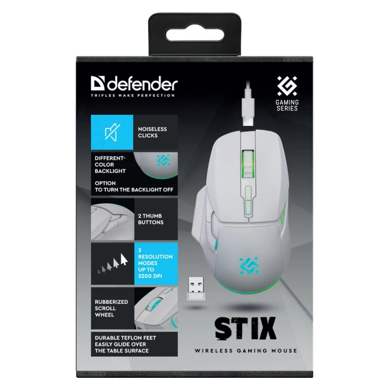Bezvadu pele DEFENDER Stix GM-009 RF — optiskā, 3200 DPI, 6 pogas, ambidextrous, USB RF, baterija, balta