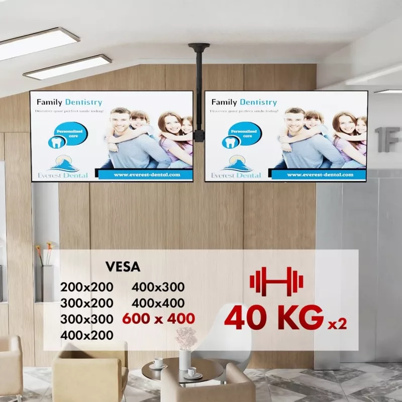 Griestu stiprinājums MACLEAN MC-111 B diviem televizoriem, max slodze 2×40 kg, max VESA 600×400