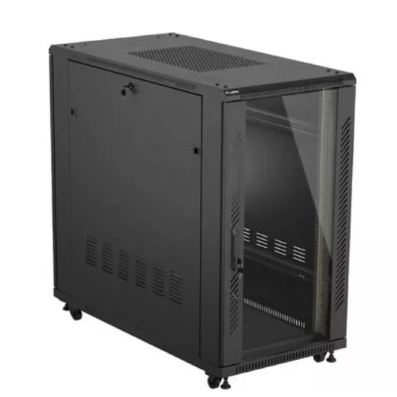 Rack skapis LANBERG FF01-6222-12B 22U 600x1200 mm melns ar stikla priekšējām un aizmugurējām durvīm