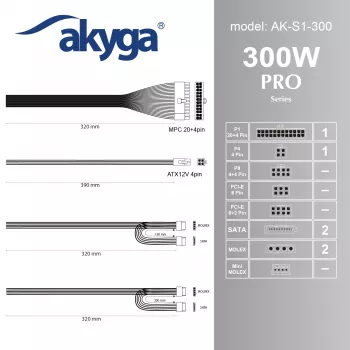 Akyga AK-S1-300 300 W SFX barošanas bloks, pasīvā PFC, 80 mm ventilators, melns