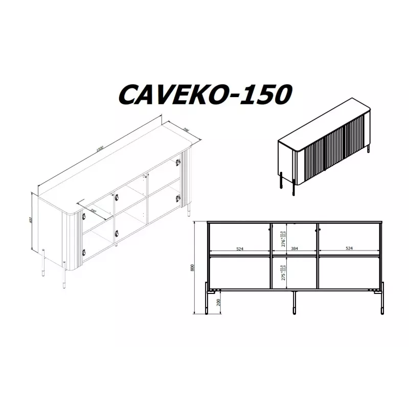 Kumode VERA 150x40x80 cm, matti balta, skaidu plātne, 16 mm rāmis