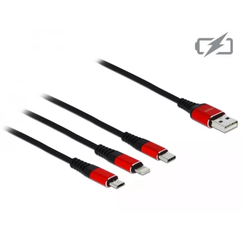 DeLOCK kabelis tikai uzlādei - Lightning / USB - USB (vīr.) uz Micro-USB Type B, Lightning, USB-C (vīr.) - 1,0 m - Ekranēts - Melns (85892)