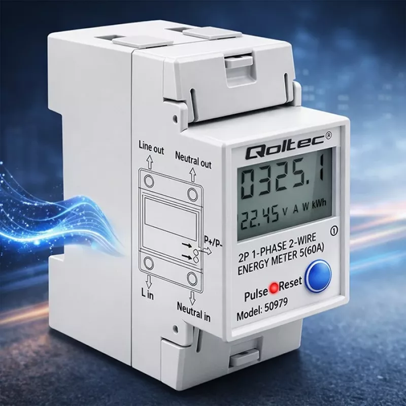 Enerģijas skaitītājs QOLTEC Vienfāzes DIN-sliežu 230V (50979)