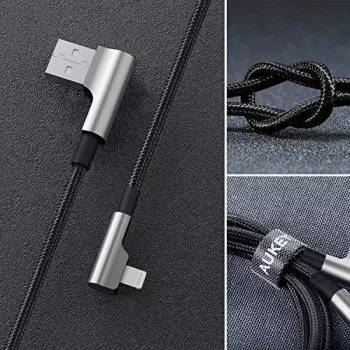 AUKEY CB-AL01 Melns Nylon Pīts USB Lightning Kabelis 2m 90° Leņķa Savienotāji