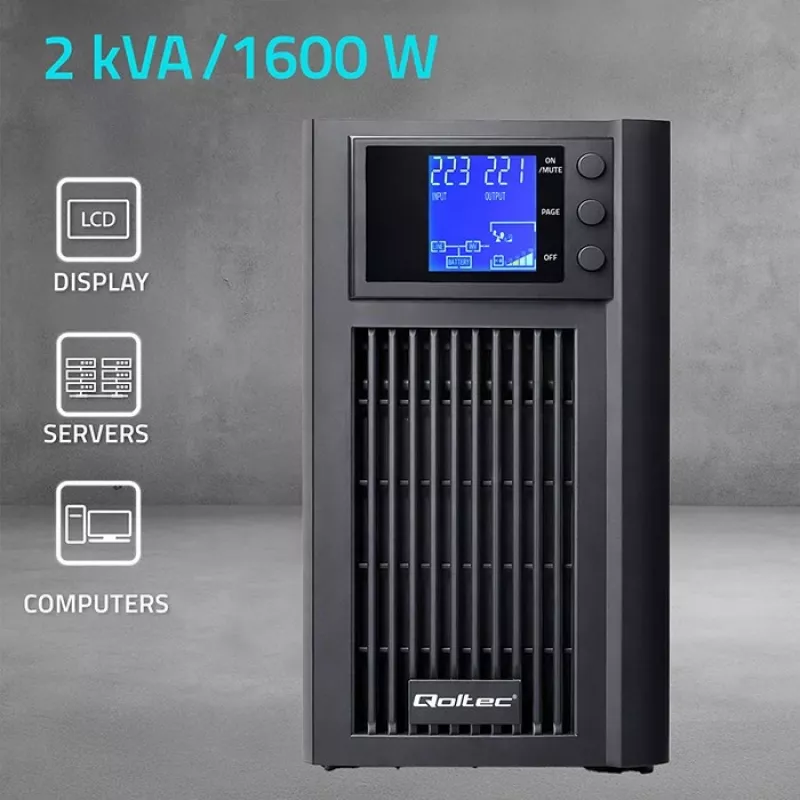 UPS QOLTEC Pure Sine Wave 2kVA 1600W ar AVR un LCD displeju