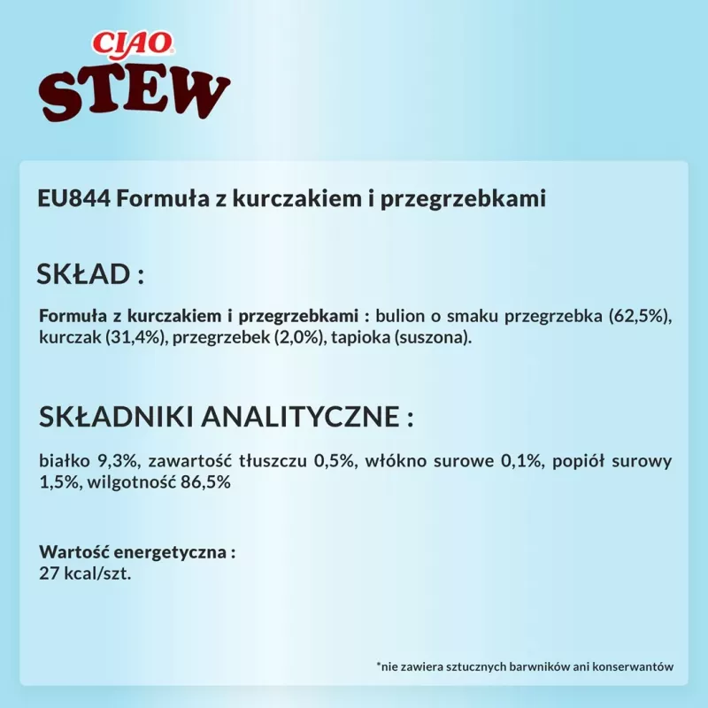Mitrie gardumi kaķiem INABA Ciao Stew Chicken & Scallop paciņa 40 g — bezgraudu, pieaugušiem kaķiem, gaļīgi