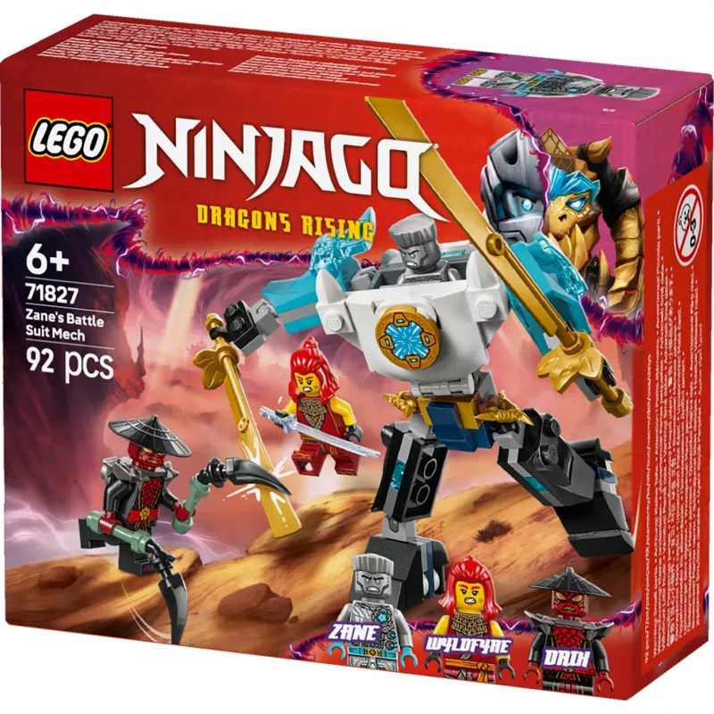 LEGO NINJAGO komplekts 71827 Zane kaujas tērpa mehs, 92 gabali, 2 minifigūras, augstums 100 mm, vecums 6+