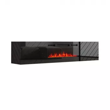 TV skapis cama meble LUXE 301126 ar iebūvētu elektrisko kamīnu, 182.6×34.5×37.5 cm, melns spīdums