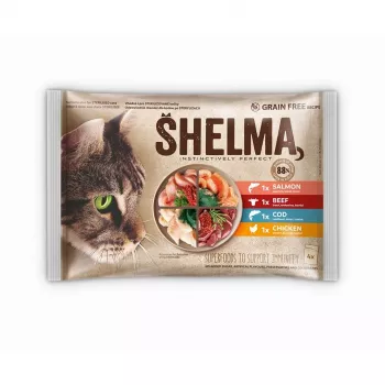 Slapjā kaķu barība SHELMA paciņa 4×85 g — pieaugušu kaķu pilnvērtīga barība ar lasi, mencu, liellopu gaļu, vistu