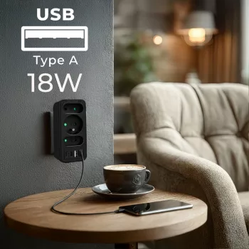 Strāvas sadalītājs MACLEAN MCE248 F/B — 3 AC kontaktligzdas (1x16A, 2x6A) un 4 USB porti (2xUSB‑A, 2xUSB‑C PD 20W), EU spraudnis, melns